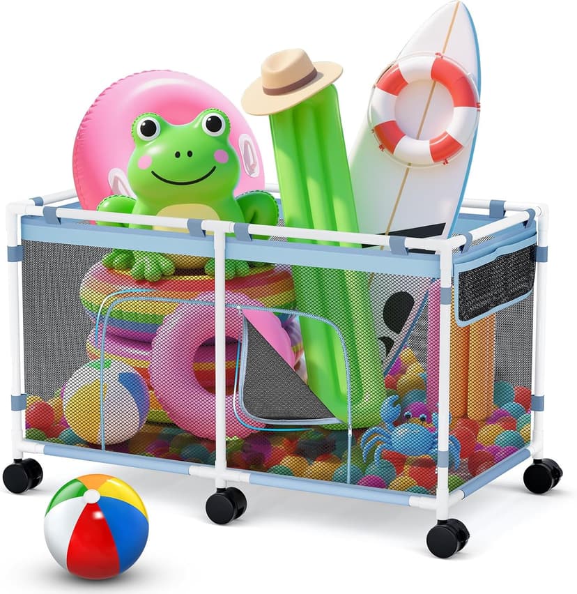Pool Float Storage - Outdoor Pool Toy Storage Organizer for Pool Noodles, Toys, Floats, Beach Balls, and Equipment, Above Ground Pool Accessories, Rolling Outdoor Pool Storage Bin with Zipper Design