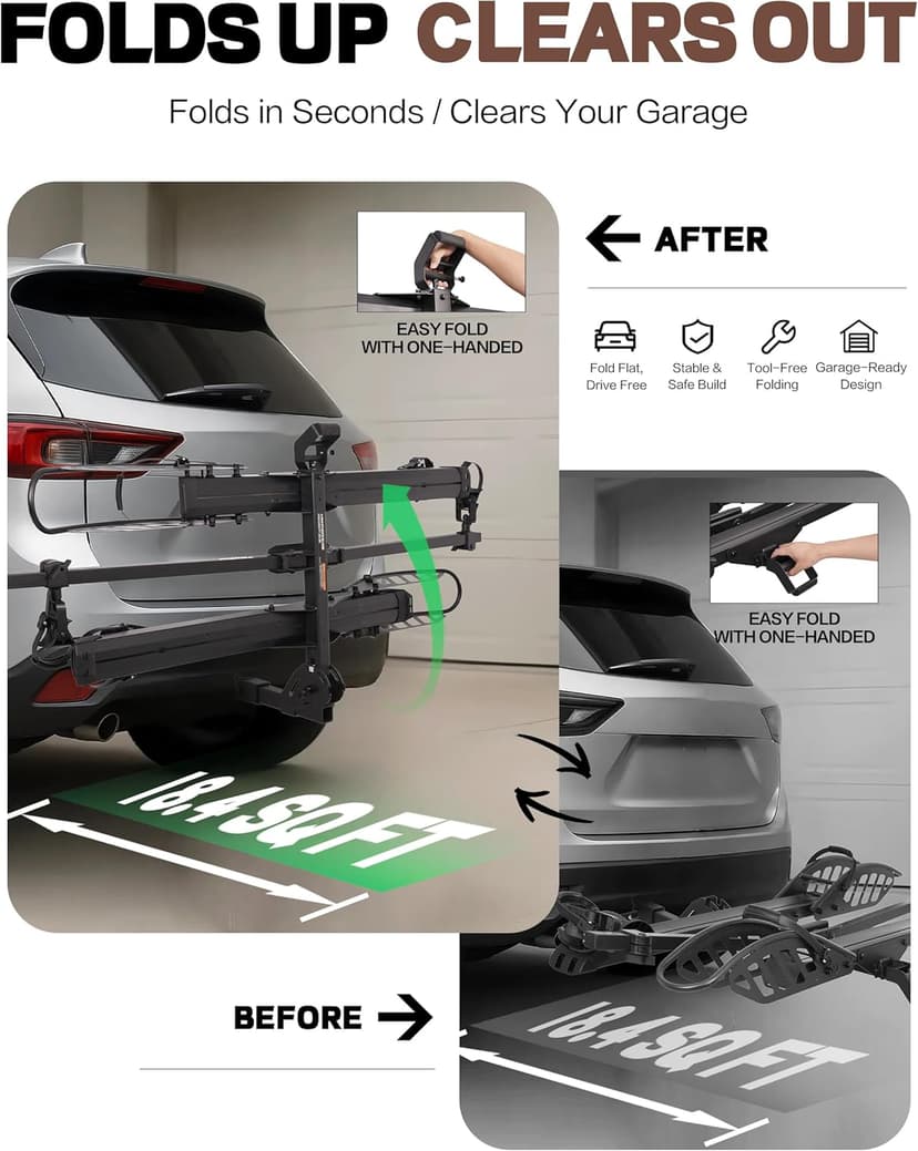 Bike Rack for Car Hitch Mount - Young Electric 2 Ebike Rack Heavy Duty Platform Carrier 200lb Capacity, Smart Tilting & One Hand Folding Bicycle Racks for SUV, Minivan, RV, Fits 5-Inch Fat Tires