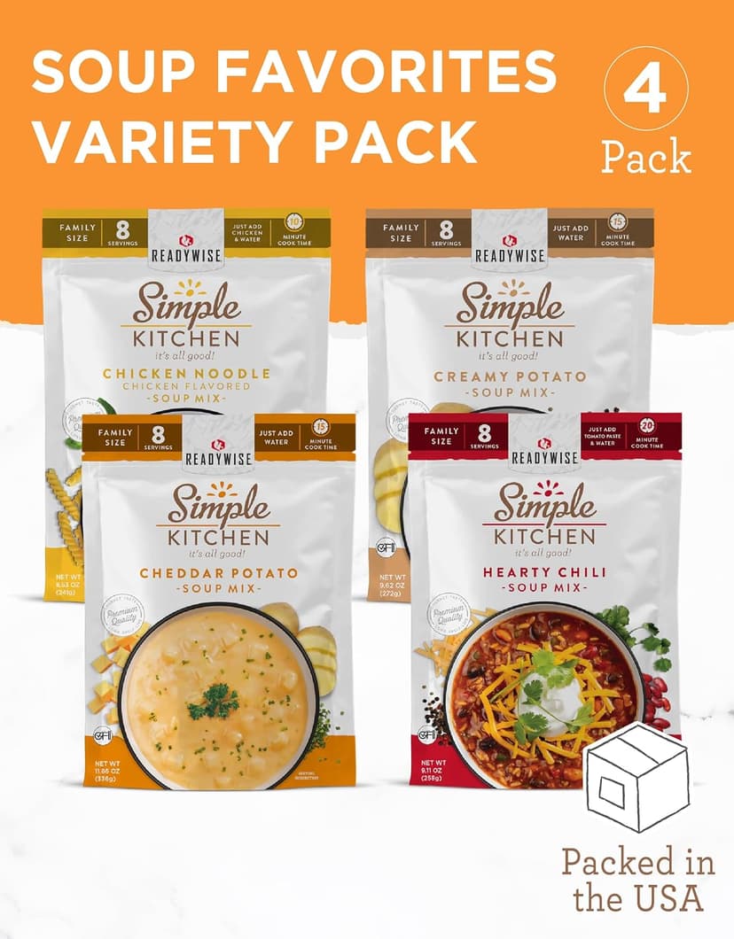 READYWISE - Simple Kitchen, Soup Favorites, Variety Pack, 8 Servings Per Pouch, Soup Mix, Family Size, MRE, Freeze Dried Food, Ready To Eat Meals, Hiking & Backpacking Food, Soup for Family, Pack of 4