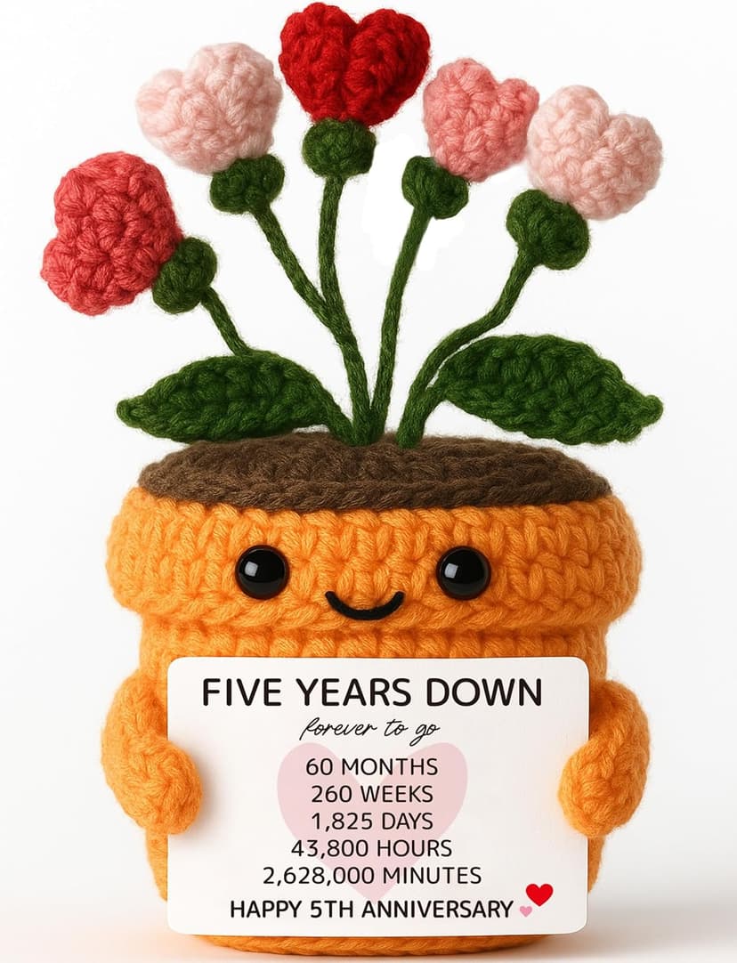 MAMAGIFTREE 5th Anniversary Wedding Gift for Couple - Handmade Crochet Heart Flower Plush with Romantic Message - Five Years Down Forever to Go Keepsake for Wife, Husband, Boyfriend, Girlfriend