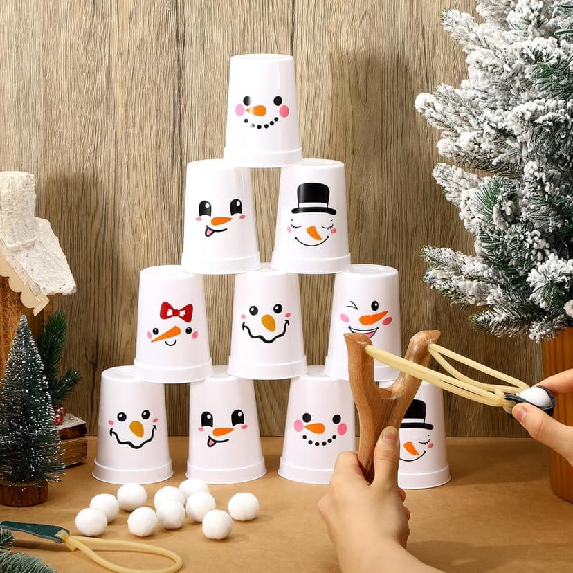 Leitee Christmas Party Games for Family Kids Adults Christmas Games with 24 Stacking Cup 2 Wooden Slingshot 2 Spare Slingshot Rubber Band 20 Felt Fake Snowball for Toss Carnival Parties Group Xmas Fun