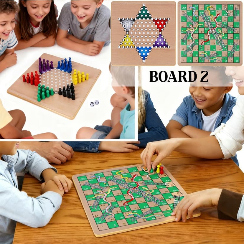 Glintoper 5-in-1 Wooden Board Game with 2 Reversible Boards for Chess, Checkers, Chinese Checkers, Snakes and Ladders, Tic Tac Toe, Tabletop Combo Classic Portable Board Games for Kids to Adult