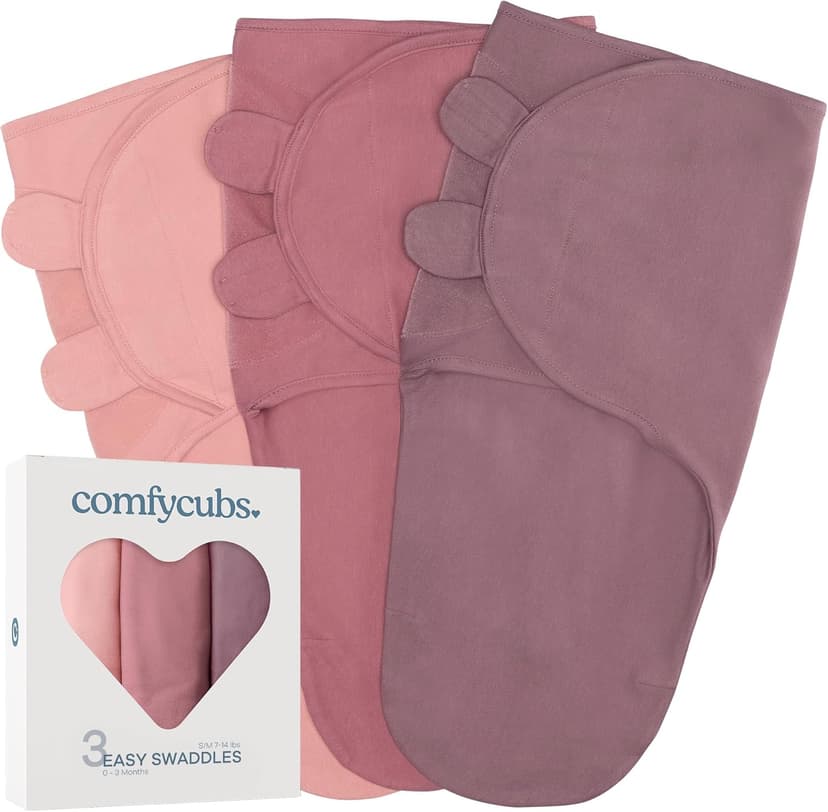 Comfy Cubs Easy Swaddle Blanket, 3 Pack - 100% Cotton Newborn Wrap, Small for 0-3 Months Infants, with Adjustable Velcro, Breathable and Durable Sleep Sack for Babies - Blush, Mauve & Mulberry