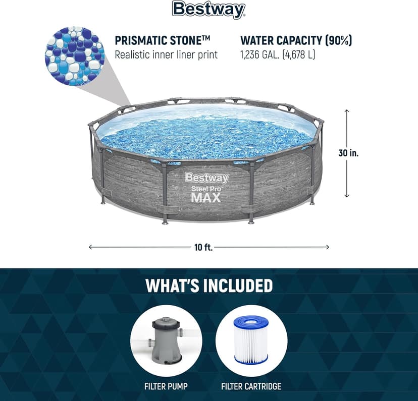 Bestway Steel Pro MAX 10' x 30" Above Ground Pool, Round Metal Frame Outdoor Swimming Pool Set with Filter Pump, Stacked Stone Print