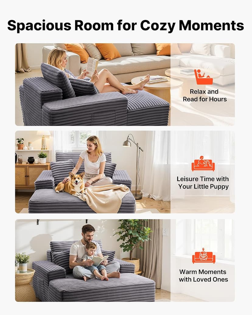 VEVOR Chaise Lounge Chair, 48 in Boneless Chaise Lounge Indoor, Modern Upholstered Oversized Reading Chair with Throw Pillows & Armrests, Sofa Couch Deep Seat Sleeper for Living Room, Bedroom, Balcony