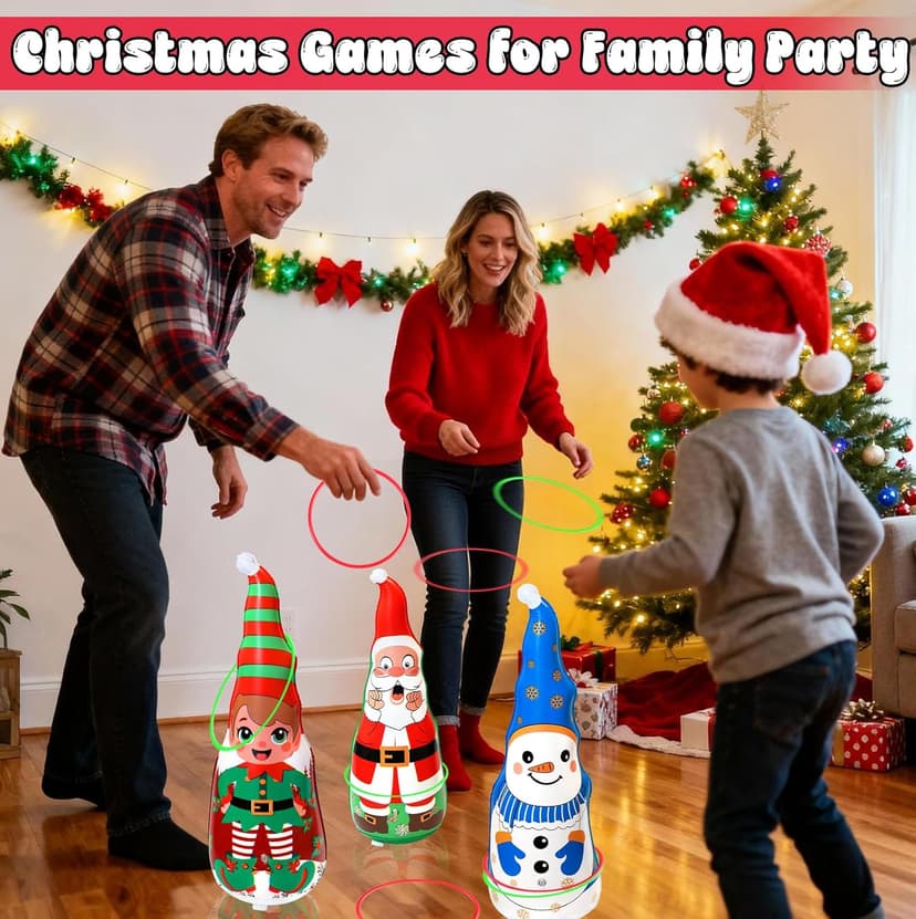 Christmas Games Gifts for Kids Family, Christmas Inflatable Santa, Snowman & Elf Ring Toss Game Set, Office Party Favors Supplies, Indoor Outdoor Carnival Party Decorations Toys