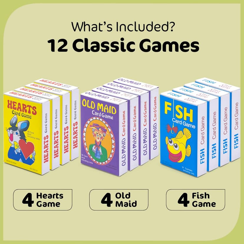 Kids Card Games Bulk – 12 Pack Classic Card Games for Kids Ages 4-9, Multi Pack Set Includes: Hearts, Go Fish, & Old Maid Playing Cards for Family Game Night, Party Favors & Classroom Prizes