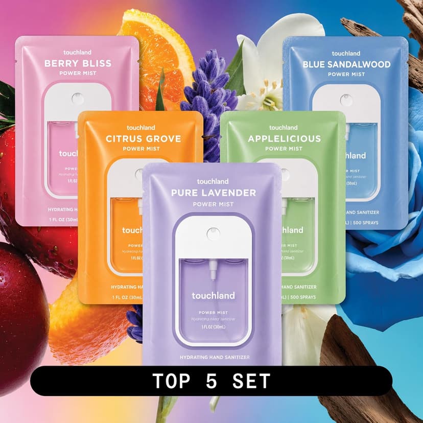 TSA ready Power Mist with skincare benefits. Applelicious, Berry Bliss, Blue Sandalwood, Citrus Grove and Pure Lavender Touchland Top 5 Hydrating Hand Sanitizer Spray Set Travel Size B09JFLV454