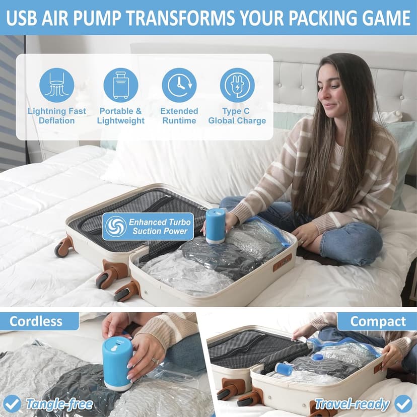 12 Pack Travel Vacuum Storage Bags with Rechargeable Wireless Electric Pump for Luggage, Suitcase, Carry-on Size Vacuum Seal Compression Space Saver Bags for Clothes and Clothing Travel