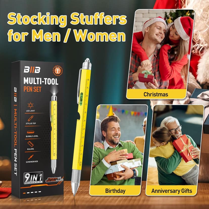 BIIB Stocking Stuffers for Men Adults, Gifts for Men 9 in 1 Multitool Pen, Mens Stocking Stuffers, Mens Christmas Gifts for Dad Him Husband, White Elephant Gifts for Adults, Cool Gadgets