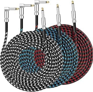 Tomorotec 3-Pack 10ft Braided Guitar Cables for Electric Guitar, Bass, Microphone, Speaker, Mixing Console, 1/4" Interface Instrument Cables with Durable Copper & PE Build and Tangle-Free Tweed Jacket