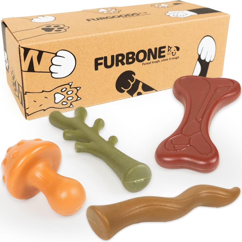 4 shapes and flavors: peanut butter, lamb, chicken, beef; long lasting chews for puppies and adult dogs, gift ready box FURBONE Flavored Nylon Dog Chew Toys 4 Pack, Bones for Small & Medium Dogs B0FQC6RNZM