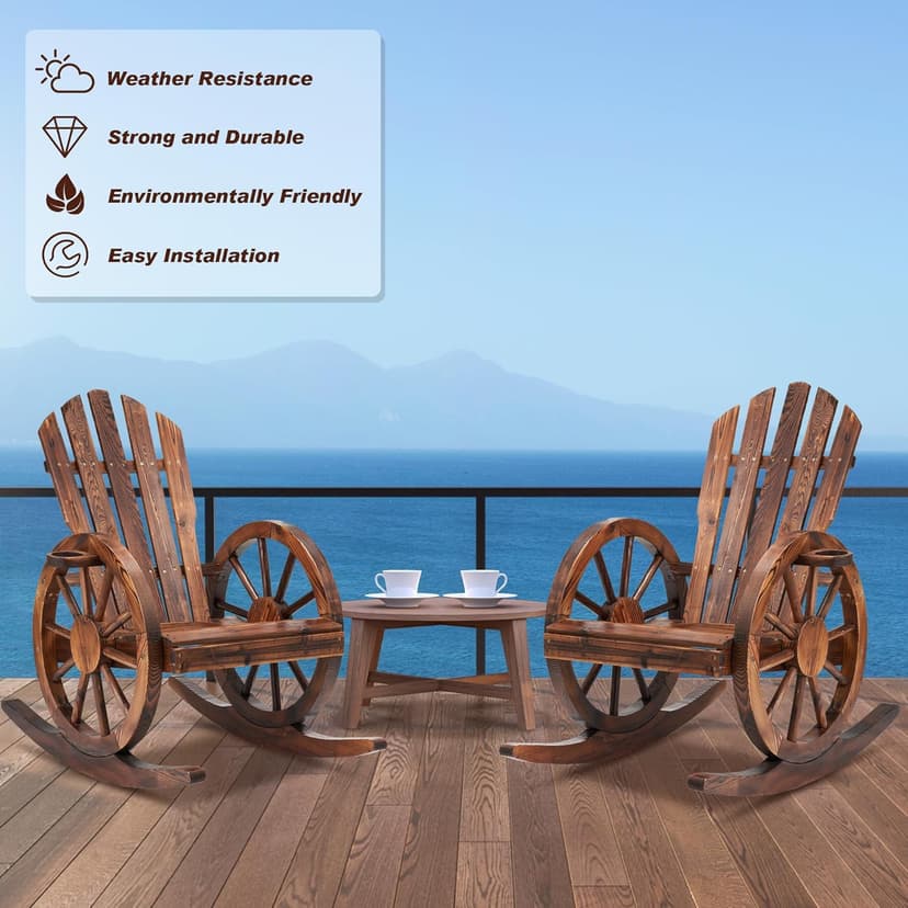 Spurgehom Outdoor Wooden Rocking Chair, Yard Glider Rocking Chairs Patio Decor Wood Rocker with Slatted Design, Adirondack Rocking Chair for Porch Lawn Garden Balcony Poolside, Brown(2PC)