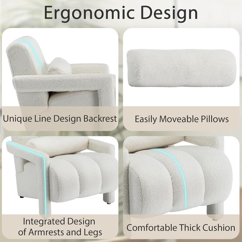 LOULENS Lambswool Accent Chair, Modern Upholstered Sherpa Accent Chair, Comfy Teddy Single Armchair with Pillow for Living Room, Bedroom (Beige, Backrest Under The Cushion)