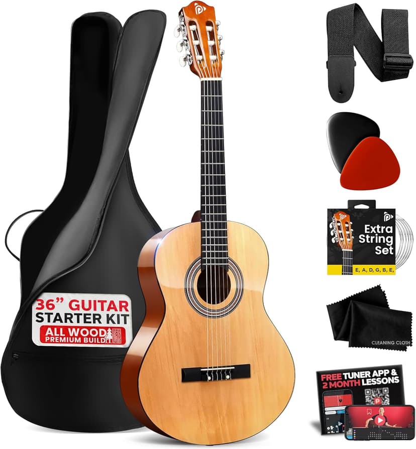 Pyle Beginner Acoustic Guitar Kit, 3/4 Junior Size All Wood Instrument with Full Accessory Kit, Picks, Shoulder Strap, Carry Case, Cleaning Cloth, Tuner App, 2 Month Lessons, 36” (Natural Gloss)