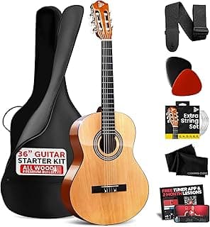 Pyle Beginner Acoustic Guitar Kit, 3/4 Junior Size All Wood Instrument with Full Accessory Kit, Picks, Shoulder Strap, Carry Case, Cleaning Cloth, Tuner App, 2 Month Lessons, 36” (Natural Gloss)