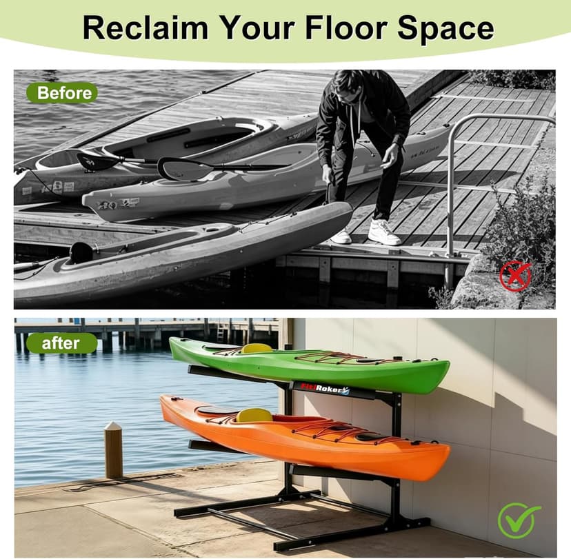 Kayak Storage Rack, Heavy Duty Freestanding Kayak Stand for 2/3 Kayaks, Adjustable Canoe and Paddleboard Holder for Indoor Outdoor Garage Storage, Assembly Required
