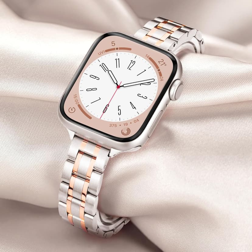 Slim Metal Band for Apple Watch Bands for Women 41mm 40mm 42mm(S10/11) 38mm iWatch Bands, Thin Dressy Fancy Strap for Apple Watch Band Series 10 11 Series 9 8 SE 7 6 5 4 3-Starlight+Rose Gold