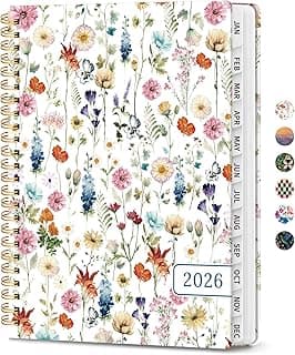 2026 Planner, Weekly and Monthly Calendar Planner for Women, Jan 2026 - Dec 2026, Hardcover Planning Agenda Book with Tabs, Spiral Bound, Inner Pocket, Perfect for School Office Supplies, 6.3" x 8.5" - Wildflowers