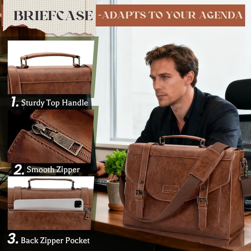 RAINSMORE Flap Messenger Bag for Men Vintage PU Leather Laptop Bag 15.6 Inch Retro Briefcase with Wallet Satchel Computer Bag