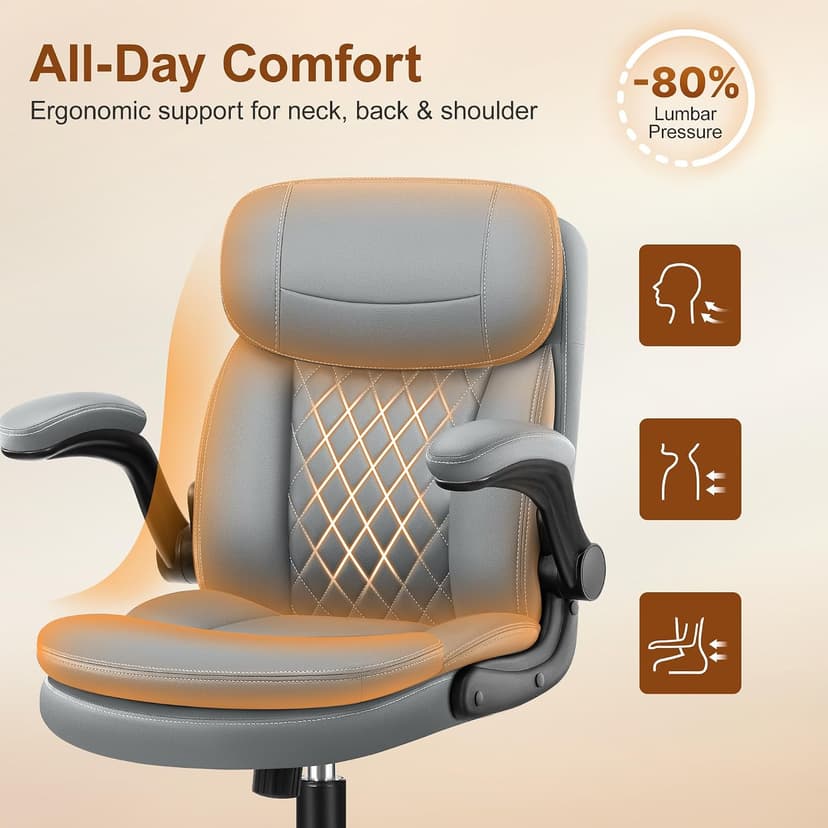 Leather Office Chair, Upgraded PU Computer Desk Chairs with Double-Layer Seat Cushion and Neckrest, 360°Swivel, Ergonomic Small Gaming Chair with Wheels and Adjustable Armrests for Short People, Grey