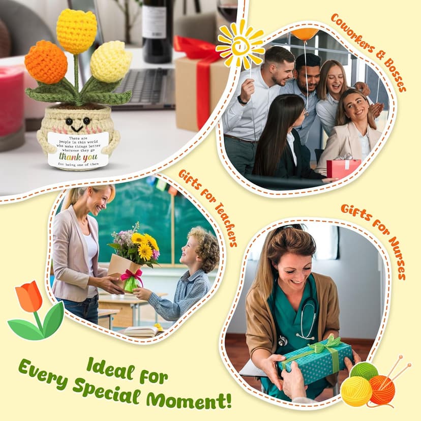 OASSIE Thank You Gifts for Women - Mini Handmade Positive Tulip Flowers Crochet with Message Card - Christmas Birthday Farewell Employee Appreciation Gifts for Coworkers, Emotional Support Crochet