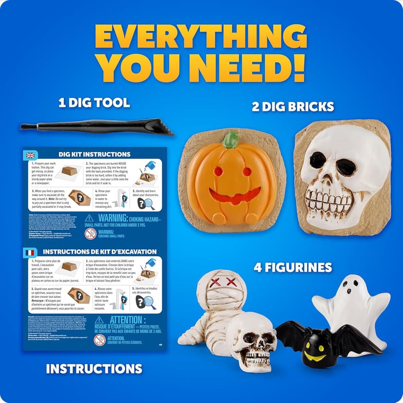 Blue Marble Halloween Dig Kit – Excavation Set with Skull & Pumpkin Dig Bricks, Includes Ghost, Mummy, Bat & Skull Figures, for Kids, Boo Basket Stuffers, Hands-On Activity