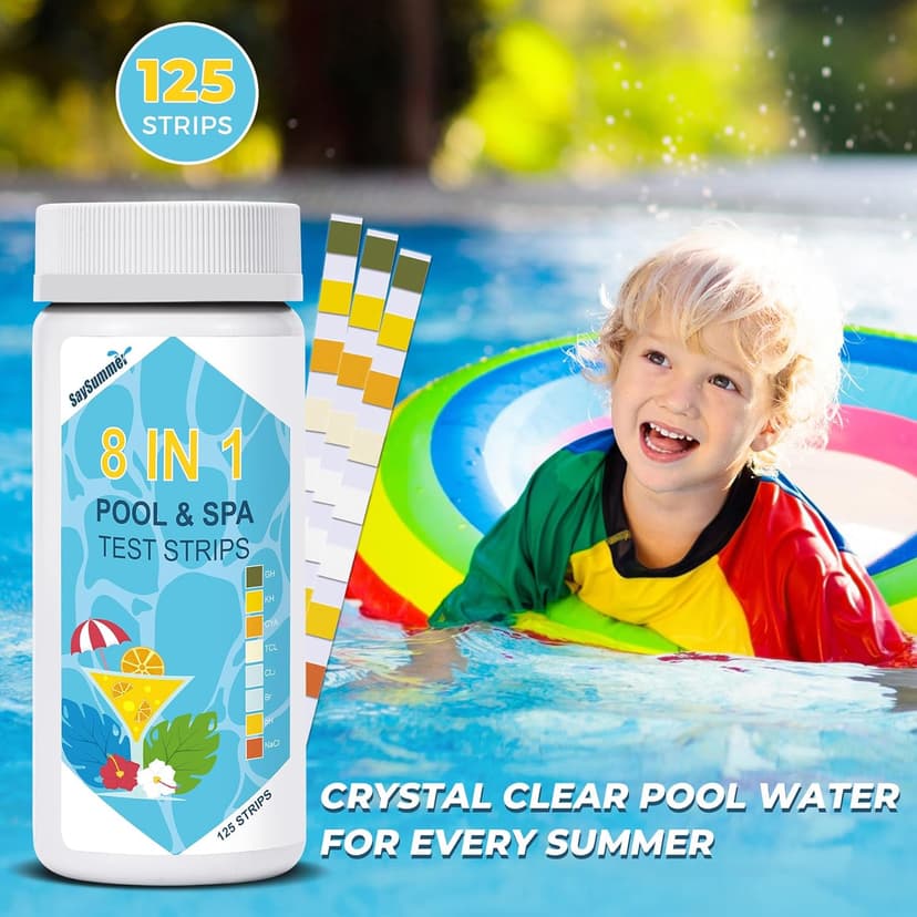 Salt-Water Pool Test Strips Kit: 125 Counts 8-in-1 for Salt Water Pool Testing Kit, Salt Pool Test Strips for Hot Tub Spa Testing Salt Chlorine pH and More