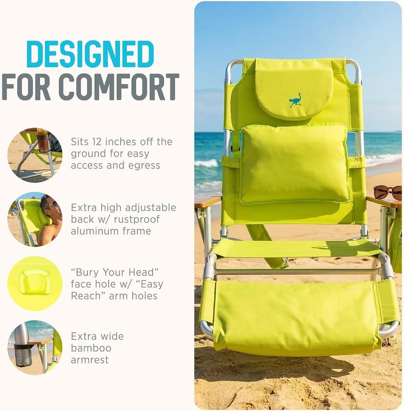 Ostrich the Deluxe 3N1 Lightweight Lawn Beach Reclining Lounge Chair with Footrest, Outdoor Furniture for Patio, Balcony, Backyard, or Porch, Lime