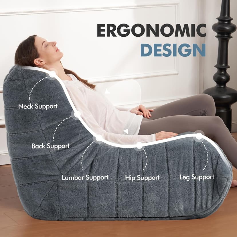 Bean Bag Chair Big Sofa Beanbag Chair for Adults Fireside Chair Bean Bag Lounger with Memory Foam Filled for Home,Apartment or Gaming Venue(Grey Plush Single)