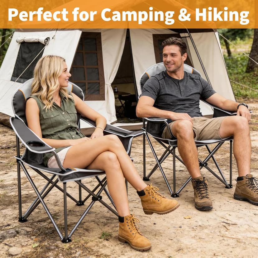 NEWBULIG Oversized Folding Camping Chair for Adults, Portable Outdoor Collapsible Chairs, 500 LBS Heavy Duty Support, with Cup Holders, for Lawn, Fishing, Hiking, Black