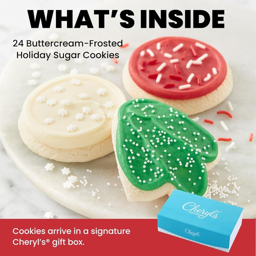 Cheryl's Cookies® Bow Gift Box with 24 Buttercream-Frosted Holiday Sugar Cookies, Individually Wrapped, Gourmet, & Fresh Delivery – Christmas Cookies, Holiday Dessert, Cookie Gift for Friends, Family, & Loved Ones