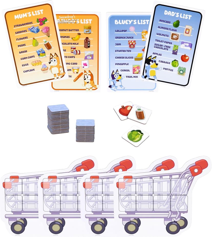Bluey Shopping List Game, Join Bluey, Bingo, Bandit & Chilli On A Fun Supermarket Adventure, Race to Fill Your Trolley in This Fun Memory and Matching Game, for Ages 3+, 2-4 Players