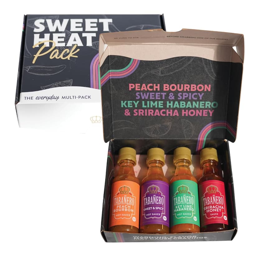 1.7 oz Mini Glass Bottles, Kit Includes Peach Bourbon, Key Lime Habanero, Sweet & Spicy, All Natural, Gluten Free, Low Sodium Tabañero Variety Hot Sauce Gift Set, Kosher, Sriracha Honey, 4-Pack B0CN9P7XD7