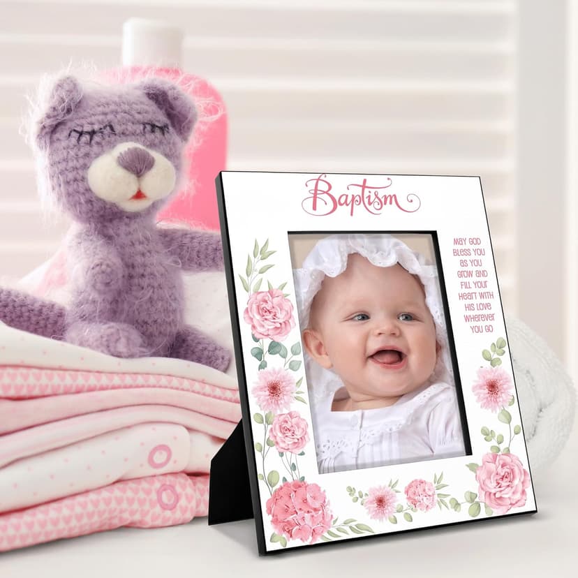 KATE POSH Baptism Picture Frame for Girl, Pink Flowers Decor, Christening, Religisous Gift, From Godparents, New Baby (5x7-Vertical)
