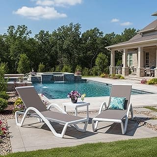 PURPLE LEAF Patio Chaise Lounge Chair Set of 3 Outside Aluminum Plastic Stackable Tanning Chairs with Armrests and Side Table for Pool Sunbathing Beach Deck Outdoor Lounger, Taupe