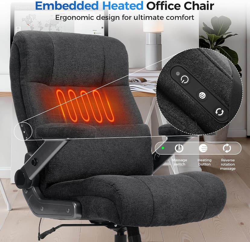 600LBS Big and Tall Massage Office Chair, Extra Wide Seat - 3D Kneading Massage & Heat Office Chair with Heavy Duty Metal Base, 3D Flip Arms, Fabric Ergonomic with Thick Spring Cushion