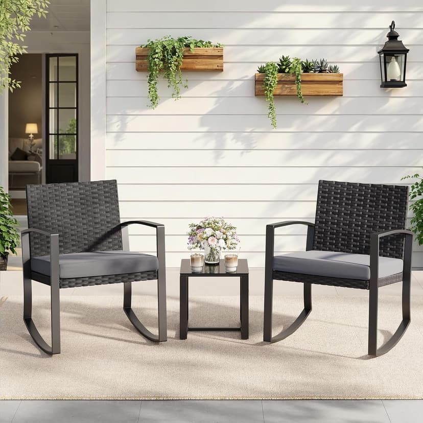 3 Pieces Outdoor Patio Furniture Set Rocking Bistro Set Outdoor Rattan Conversation with Coffee Table for Garden Balcony Backyard Poolside (Grey Cushion)