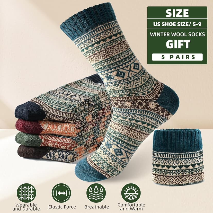 Womens Wool Socks 5 Pairs Warm Winter Knit Wool Soft Vintage Casual Crew Socks Stocking Stuffers Gifts for Women Men