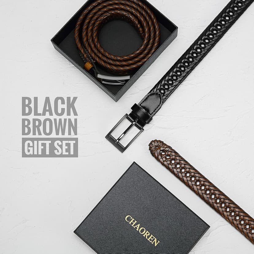 CHAOREN Leather Braided Belts for Men 2 Pack - 1 1/8" Leather Belts in Package Box - Versatile Style Solution