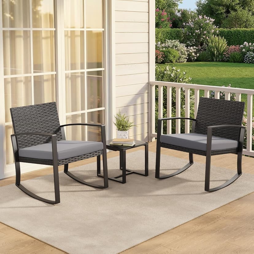 3 Pieces Outdoor Patio Furniture Set Rocking Bistro Set Outdoor Rattan Conversation with Coffee Table for Garden Balcony Backyard Poolside (Grey Cushion)