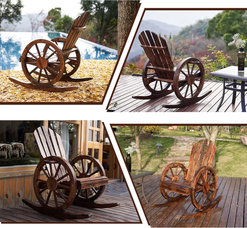 Spurgehom Outdoor Wooden Rocking Chair, Yard Glider Rocking Chairs Patio Decor Wood Rocker with Slatted Design, Adirondack Rocking Chair for Porch Lawn Garden Balcony Poolside, Brown(2PC)