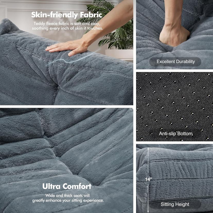 Bean Bag Chair Big Sofa Beanbag Chair for Adults Fireside Chair Bean Bag Lounger with Memory Foam Filled for Home,Apartment or Gaming Venue(Grey Plush Single)