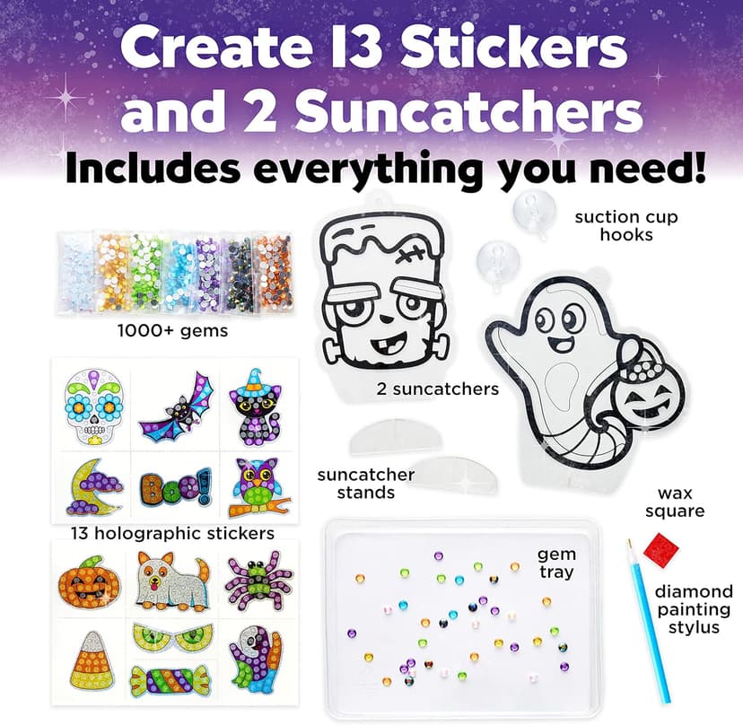 Creativity for Kids Halloween Big Gem Diamond Painting Kit | Create 13 Spooky Stickers & 2 Suncatchers with 1000+ Colorful Gems | Fun for Parties, Gifts & Seasonal Décor (Ages 6+)