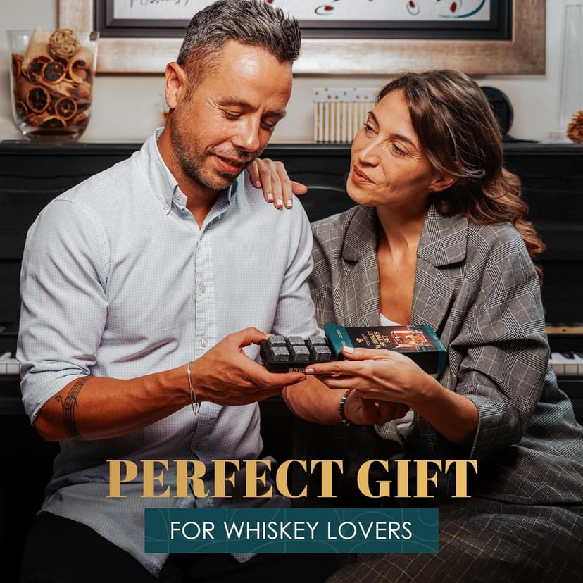 Whiskey Stones Gift Set by Royal Reserve – Artisan Crafted Reusable Chilling Rocks for Scotch Bourbon – Stocking Stuffer for Men - Whiskey Gifts for Husband Guy Dad Boyfriend