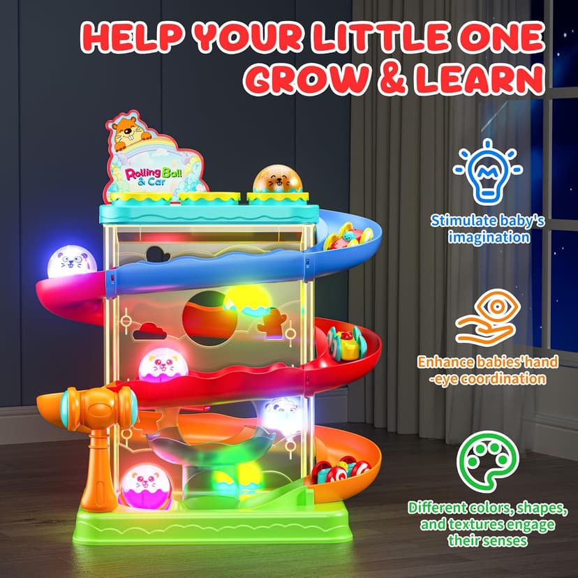 Hammer Rolling Ball, Launch and Race Car-Cause and Effect Sensory STEM Learning Toys for 1-5 Year Old Boys & Girls 2-in-1 Ball Drop & Car Ramp Race Track Montessori Toy for Toddlers Ages 1-5 B0FLDB14N8