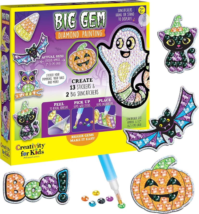 Creativity for Kids Halloween Big Gem Diamond Painting Kit | Create 13 Spooky Stickers & 2 Suncatchers with 1000+ Colorful Gems | Fun for Parties, Gifts & Seasonal Décor (Ages 6+)