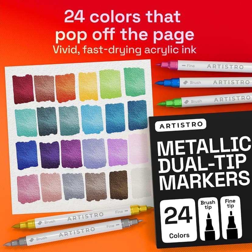 For Fabric, Rock, Glass, Wood, Arts & Crafts Gift for Adults, Teens & Kids, Pumpkin Decorating Kit & Halloween Crafts ARTISTRO 24 Metallic Dual-Tip Acrylic Paint Marker Pens for Drawing B0CZ14KD68