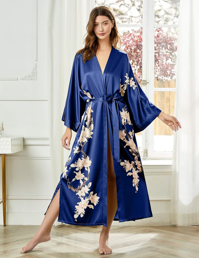 BABEYOND Kimono Robe Cover up with Box Long Floral Satin Sleepwear Silky Bathrobe Bachelorette Robe