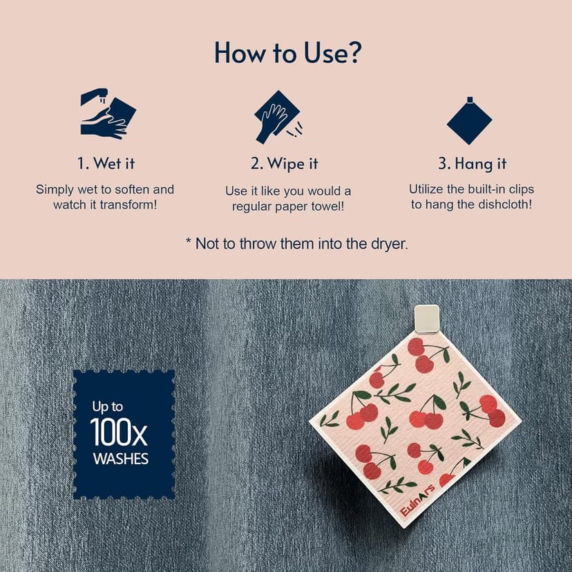 Swedish Dishcloths for Kitchen, 8 Pack Reusable Paper Towels with Clips, Non-Scratch Swedish Kitchen Towels, Super Absorbent Cellulose Sponge Cloths, Dishwasher Safe, No Odor